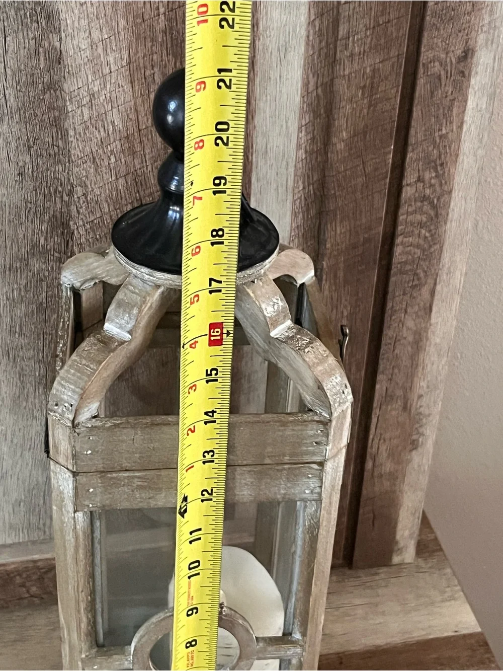 Rustic Wood and Glass Lantern with Black Metal Top - Natural